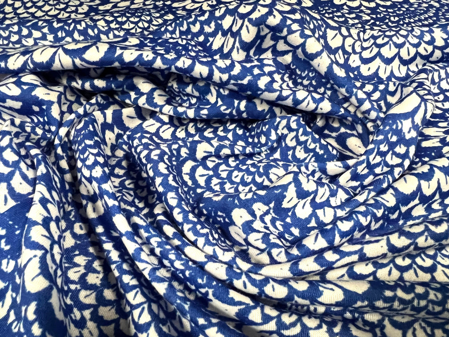 Soft handle single jersey dress fabric, per metre - Feathers print - bright blue