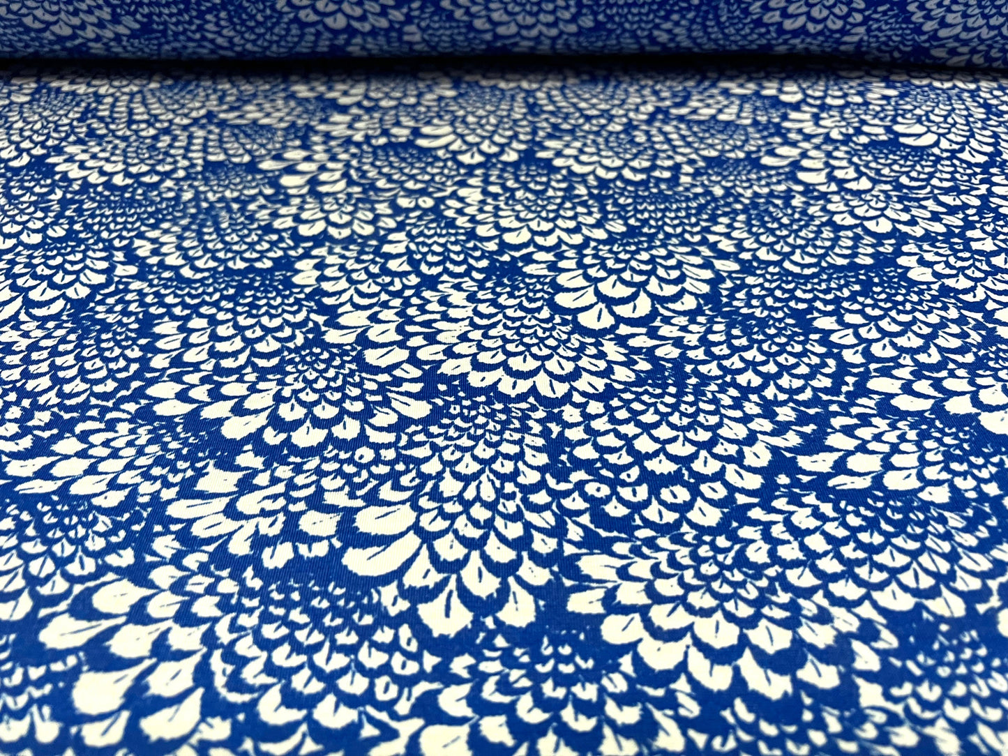 Soft handle single jersey dress fabric, per metre - Feathers print - bright blue
