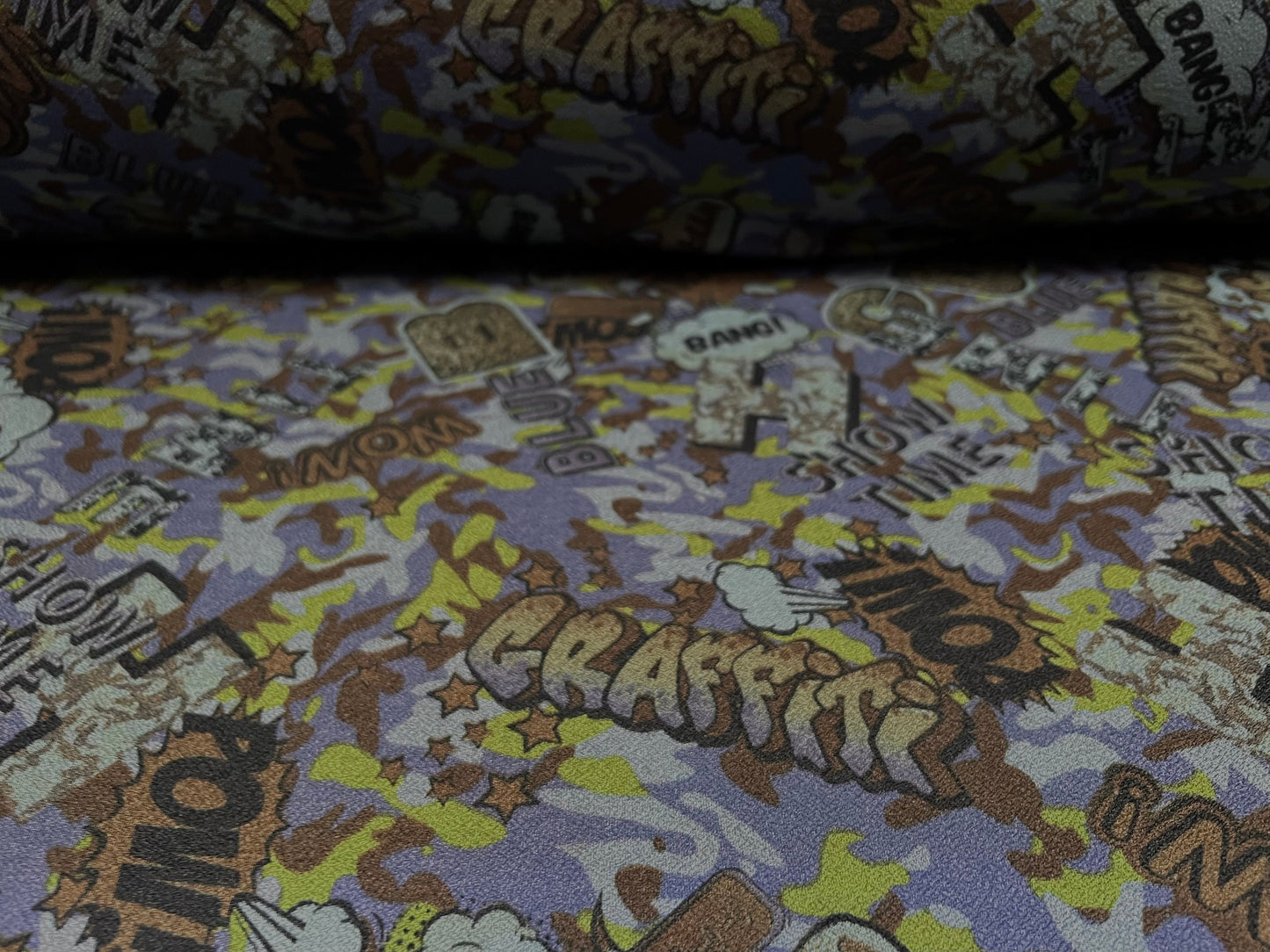 Valentino crepe spandex jersey fabric - similar to scuba - per metre - camouflage graffiti print - blue