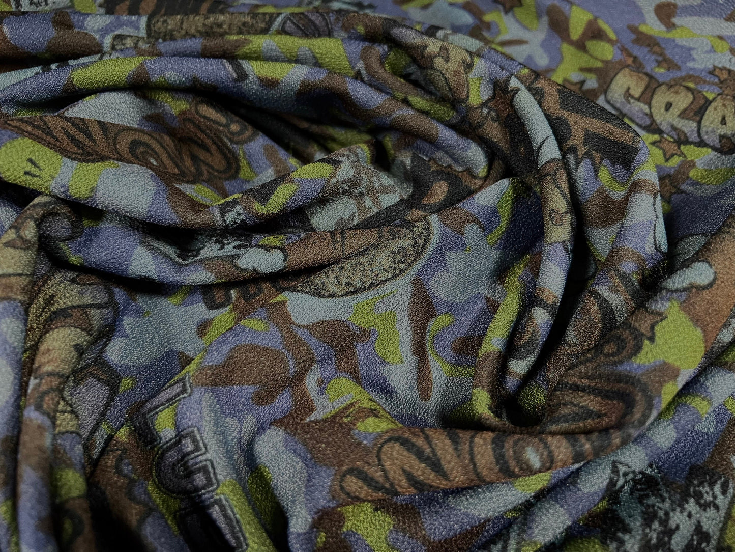 Valentino crepe spandex jersey fabric - similar to scuba - per metre - camouflage graffiti print - blue