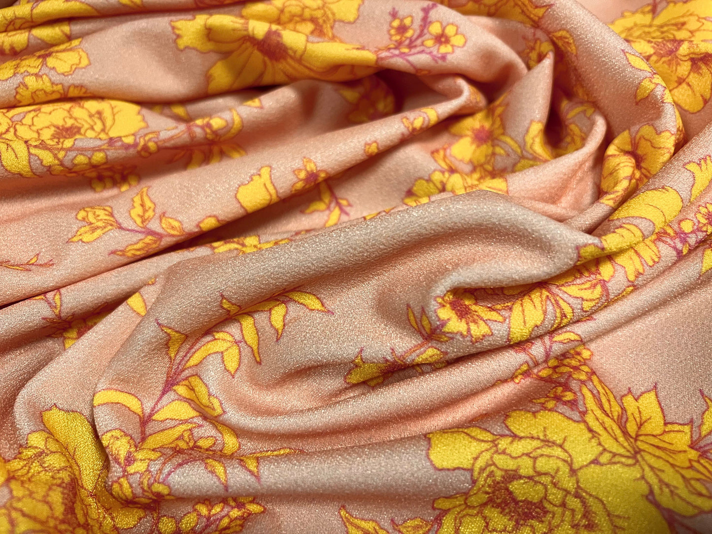 Valentino crepe spandex jersey fabric - similar to scuba - per metre, Peach with yellow flowers floral print
