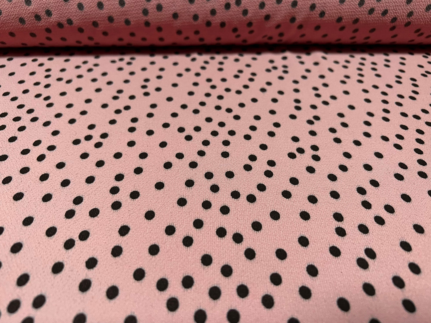 Pebble crepe woven dress fabric, per metre - spot print - dusky pink & black