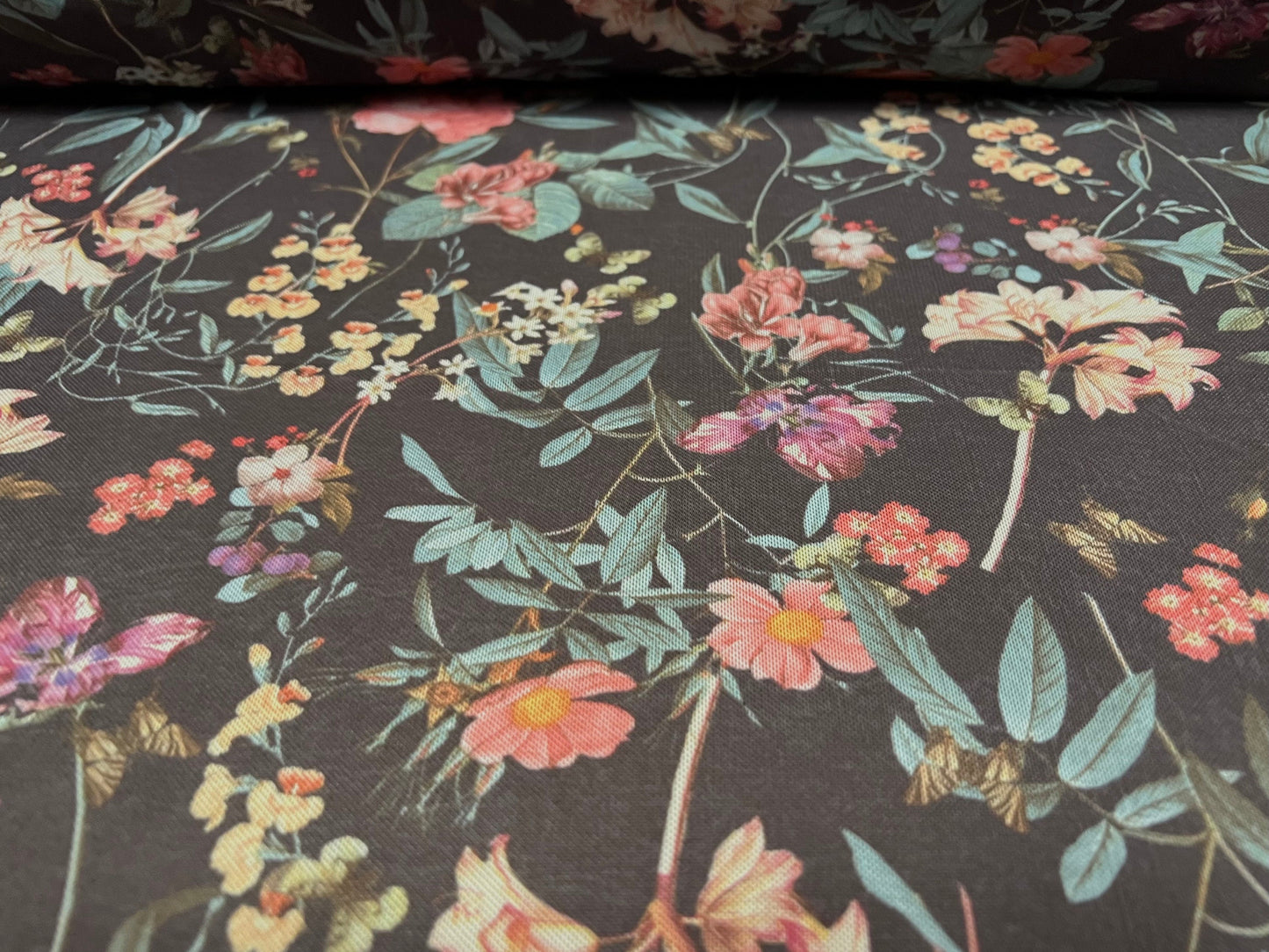 Power mesh net stretch spandex fabric, per metre - flower print - dark grey cream & pink