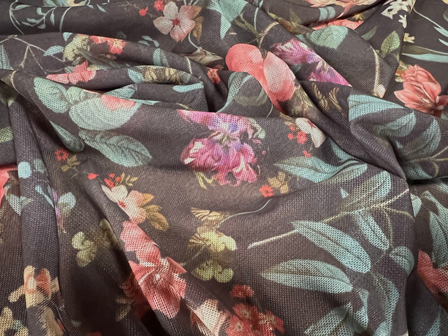 Power mesh net stretch spandex fabric, per metre - flower print - dark grey cream & pink