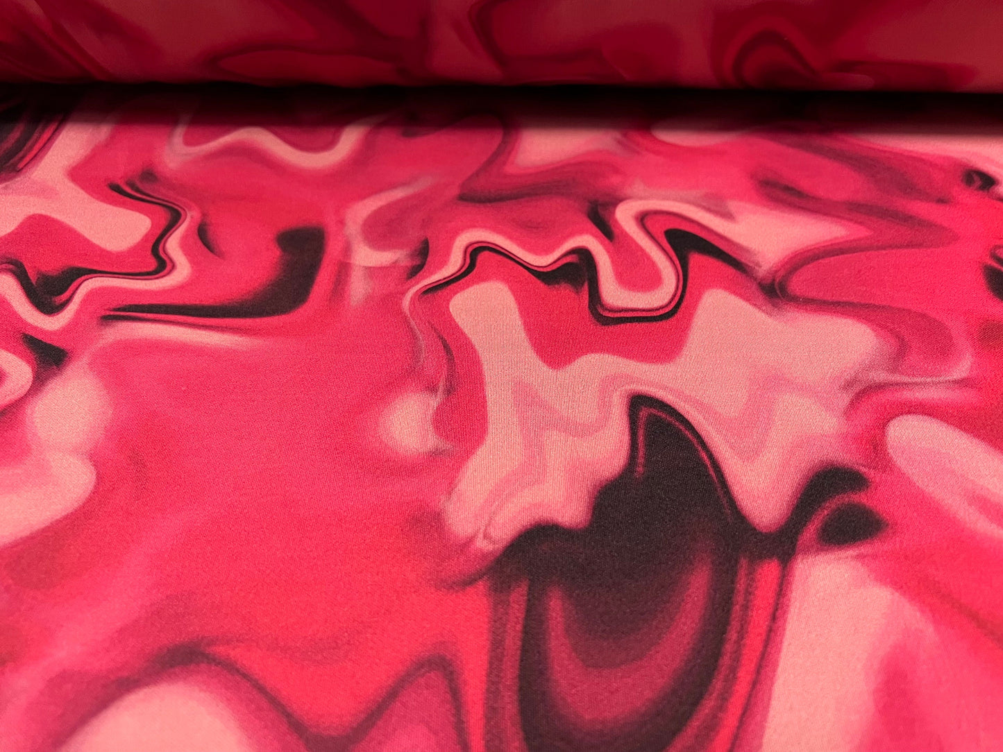 Scuba neoprene style stretch spandex double jersey fabric, per metre - swirl print - cerise and dusky pink