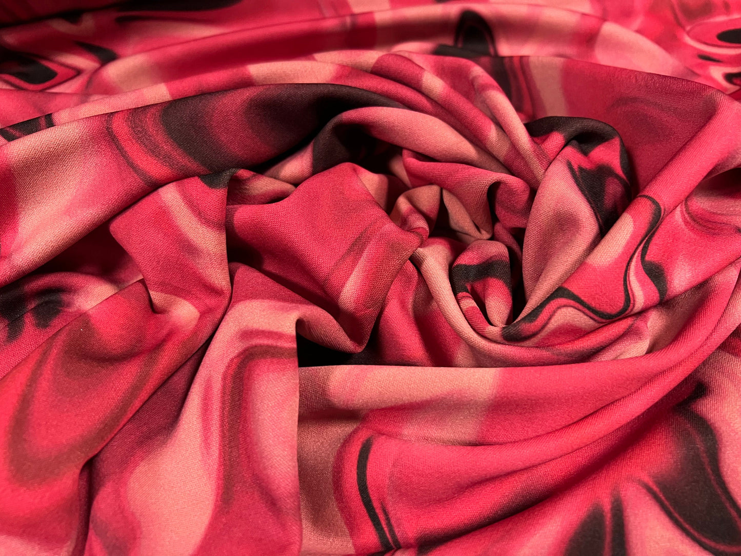 Scuba neoprene style stretch spandex double jersey fabric, per metre - swirl print - cerise and dusky pink