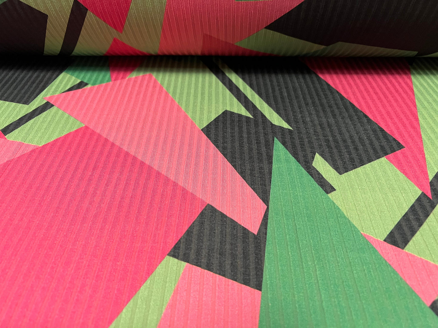 Stretch spandex rib jersey fabric, per metre - 80s retro shapes print - hot pink & green