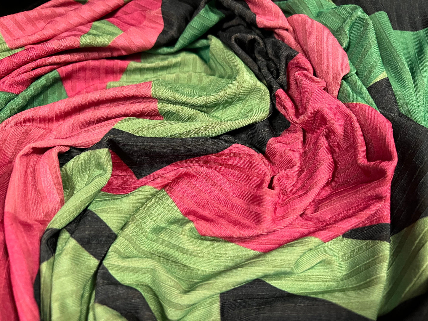 Stretch spandex rib jersey fabric, per metre - 80s retro shapes print - hot pink & green