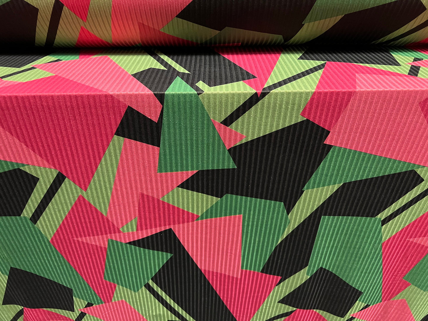 Stretch spandex rib jersey fabric, per metre - 80s retro shapes print - hot pink & green