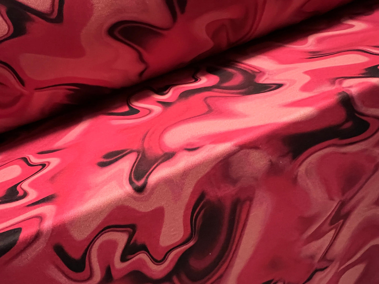Scuba neoprene style stretch spandex double jersey fabric, per metre - swirl print - cerise and dusky pink