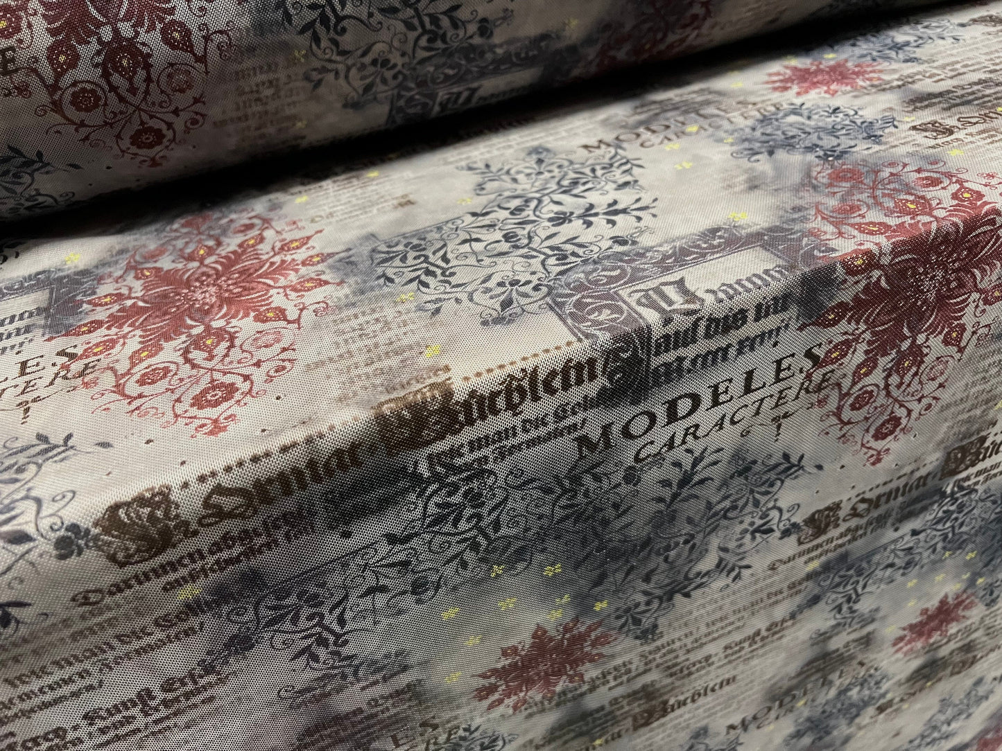 Power mesh net stretch spandex fabric, per metre - latin floral print - grey, wine & petrol blue