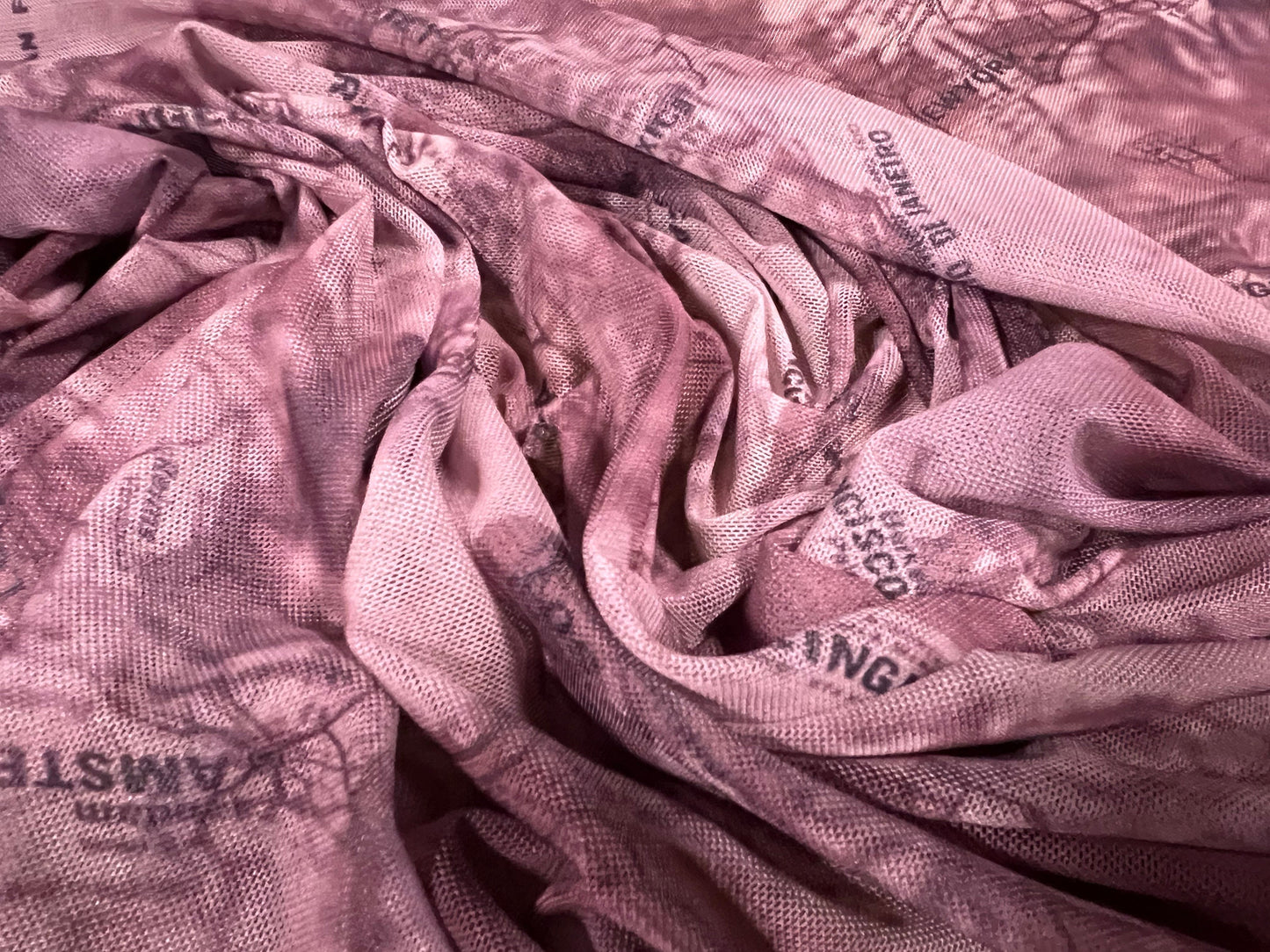 Power mesh net stretch spandex fabric, per metre - city maps print - dusky pink & mauve