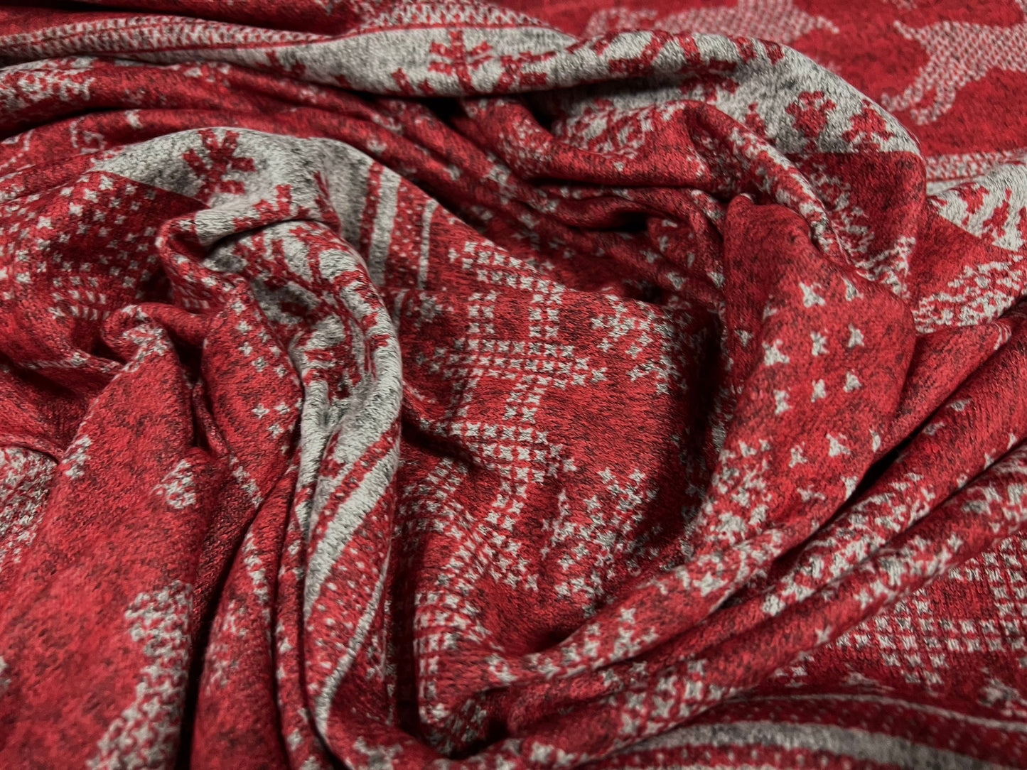 Super soft knitwear jersey fabric, per metre - snowflakes and Reindeer print - red & grey