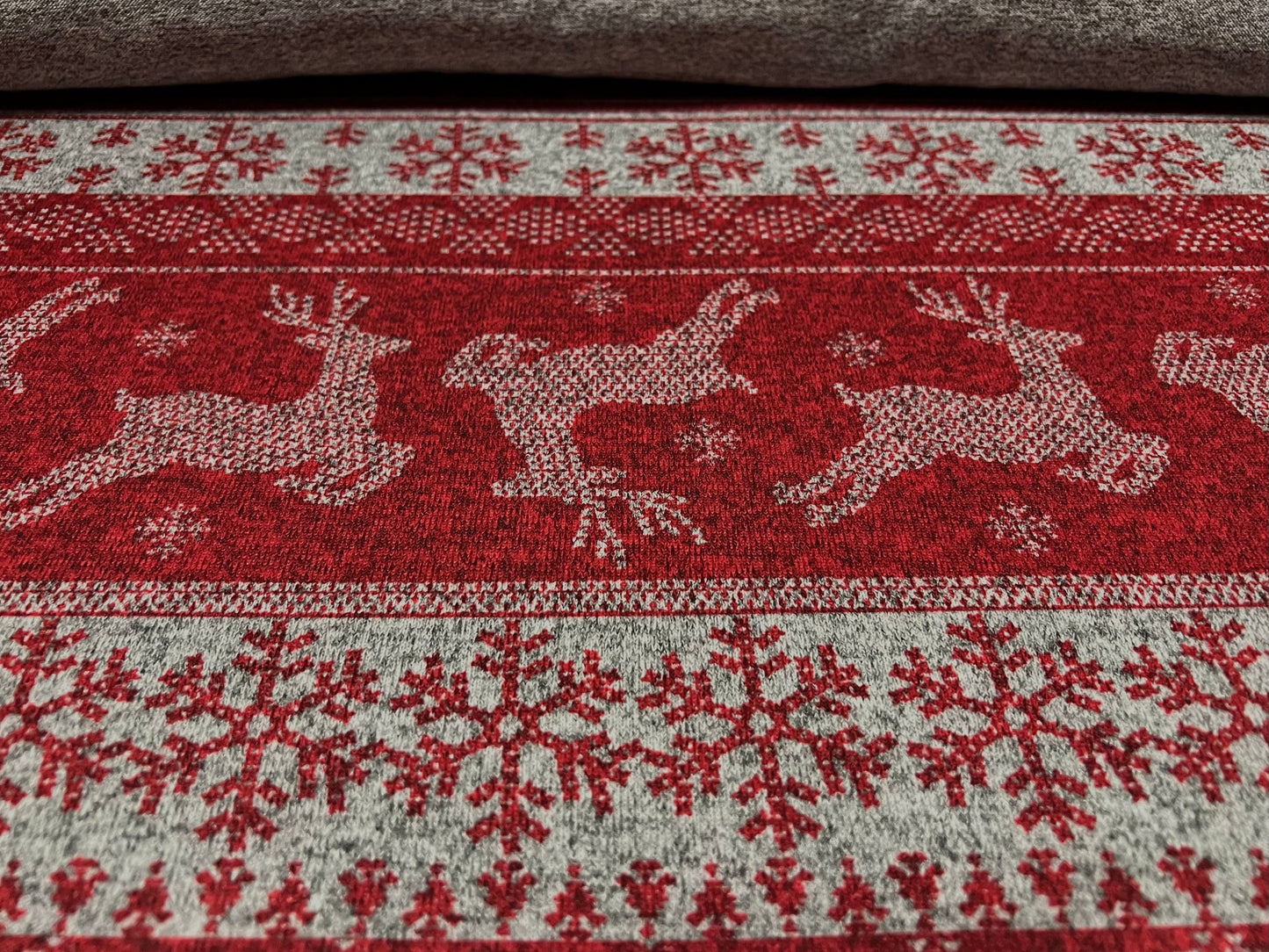 Super soft knitwear jersey fabric, per metre - snowflakes and Reindeer print - red & grey