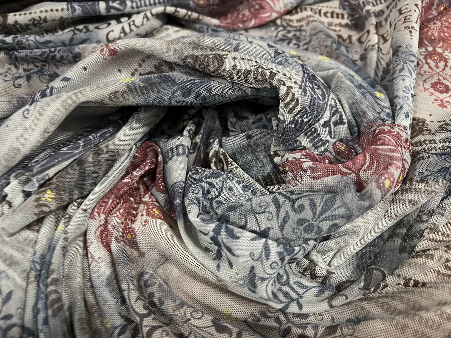Power mesh net stretch spandex fabric, per metre - latin floral print - grey, wine & petrol blue
