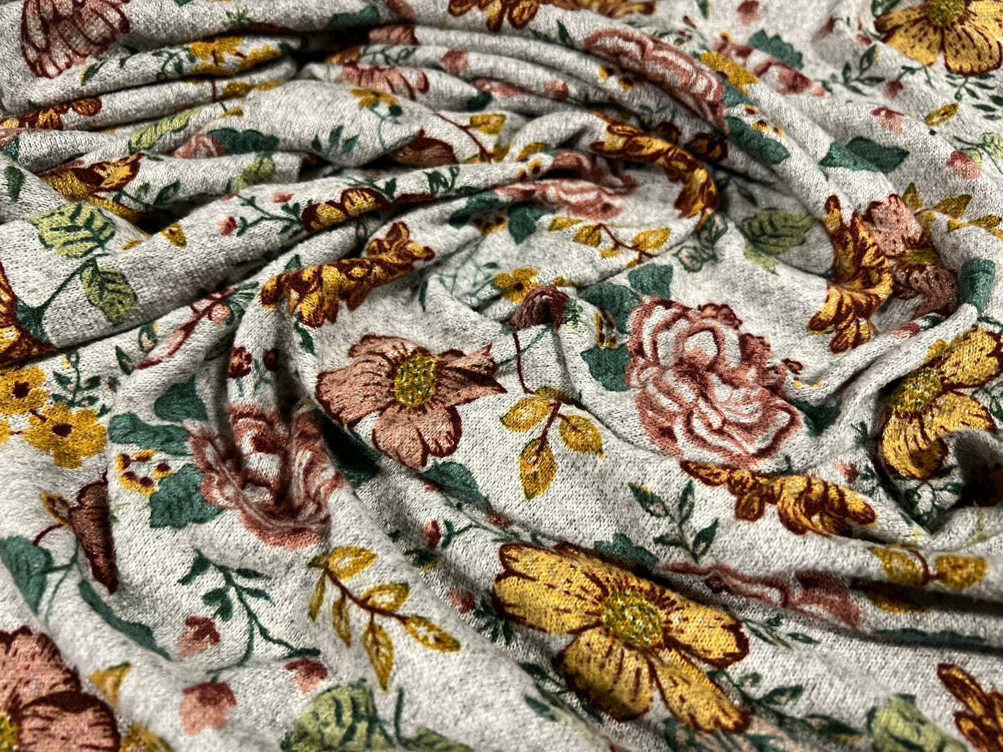 Super soft knitwear jersey fabric, per metre - flower print - grey marl, pink & mustard