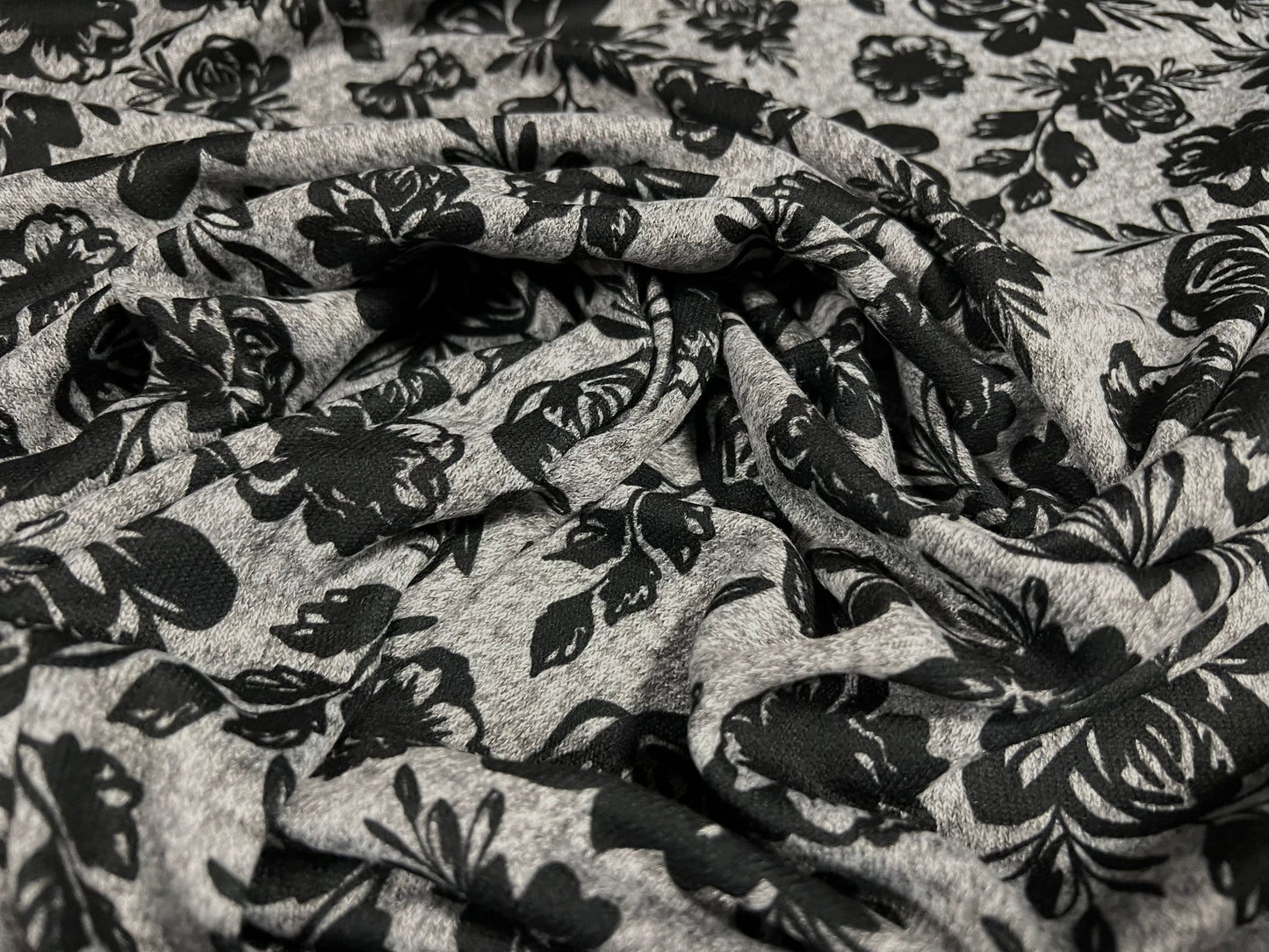 Super soft knitwear jersey fabric, per metre - floral print - grey marl with black rose