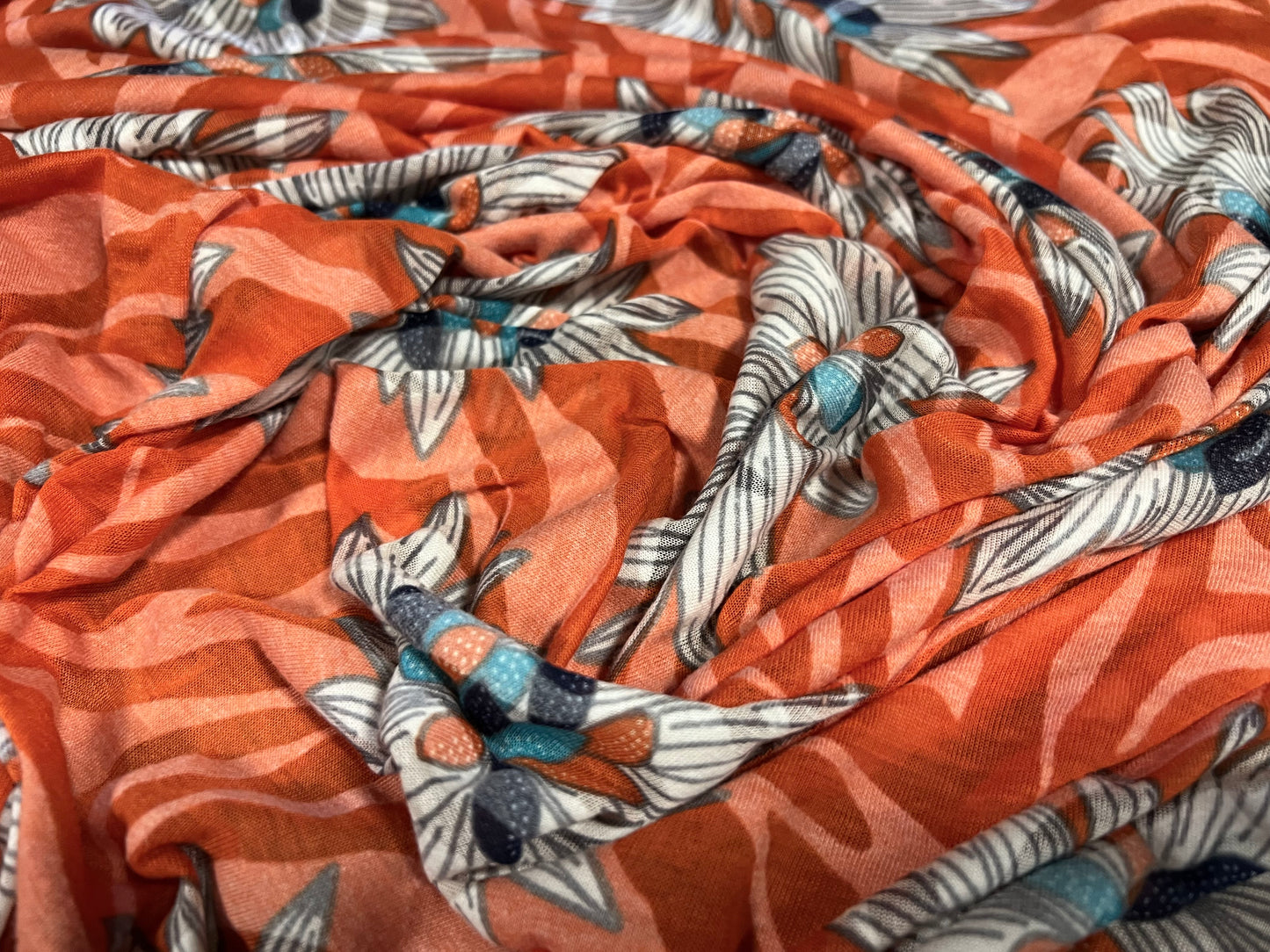 Lady K lightweight burnout single jersey fabric, per metre - floral zebra print - orange white & turquoise