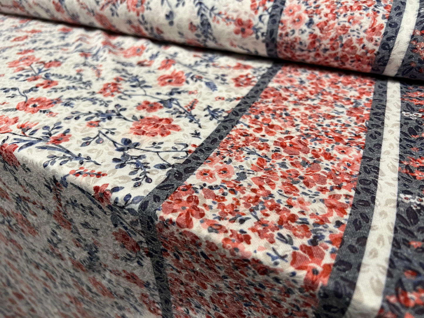 Lady K lightweight burnout single jersey fabric, per metre - floral double border print - red white & navy