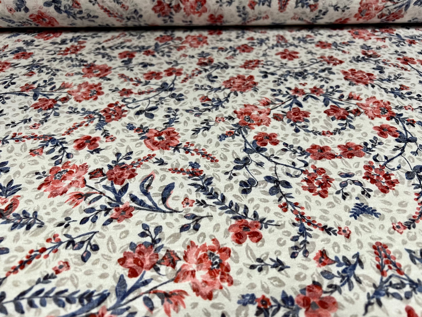 Lady K lightweight burnout single jersey fabric, per metre - floral double border print - red white & navy