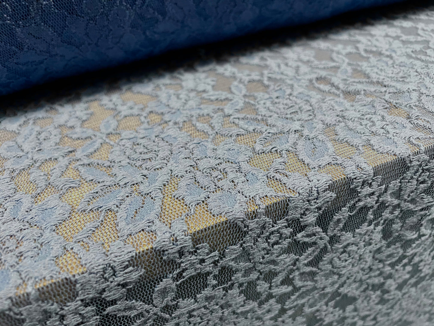 Floral lace fabric with scalloped selvedge, per metre - blue