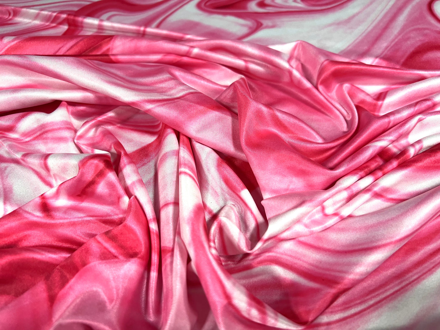 Soft touch stretch spandex jersey fabric, per metre - swirl print - pink & white