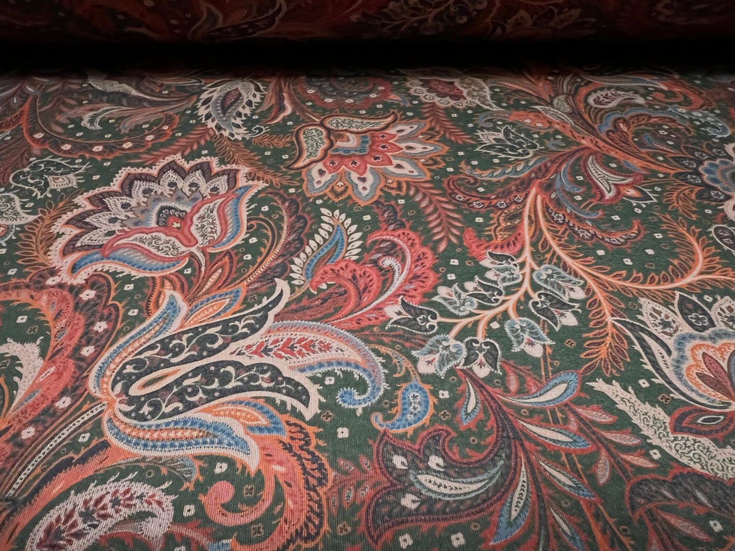 Scuba neoprene style double jersey stretch spandex fabric, per metre - paisley flower print - pink & green