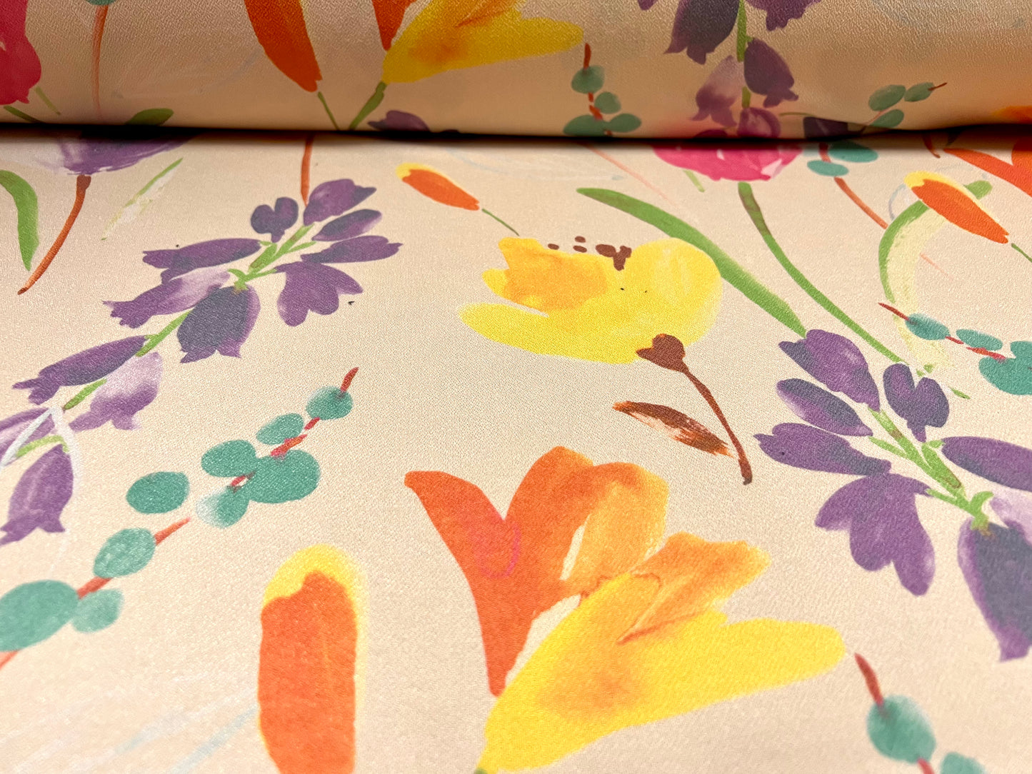 Valentino crepe spandex jersey fabric - similar to scuba - per metre - nude with multicolour large flower print