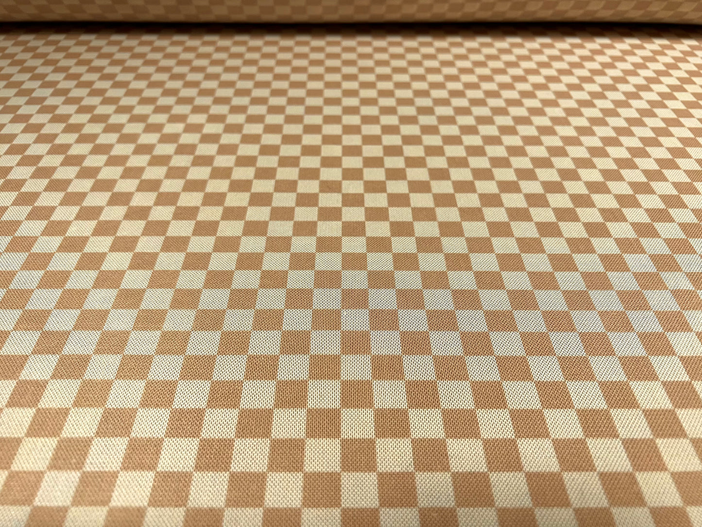 Power mesh net stretch spandex fabric, per metre - block check print - brown & cream