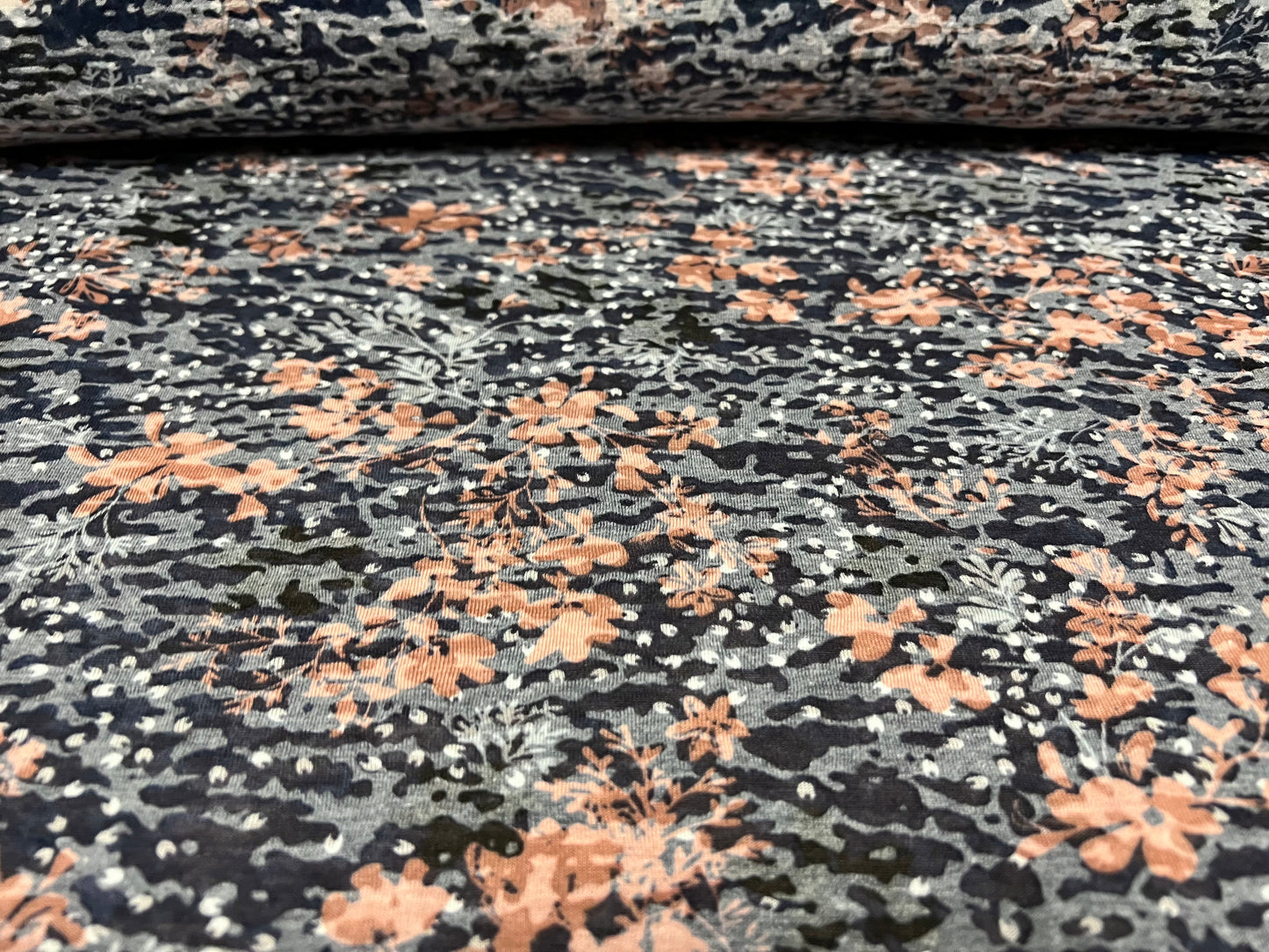 Lady K lightweight burnout single jersey fabric, per metre - camouflage floral print - grey & pink