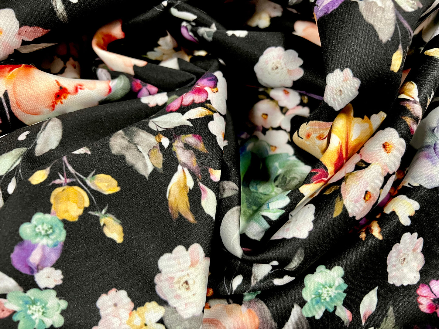 Scuba stretch spandex double jersey fabric, per metre - rose flower print - black