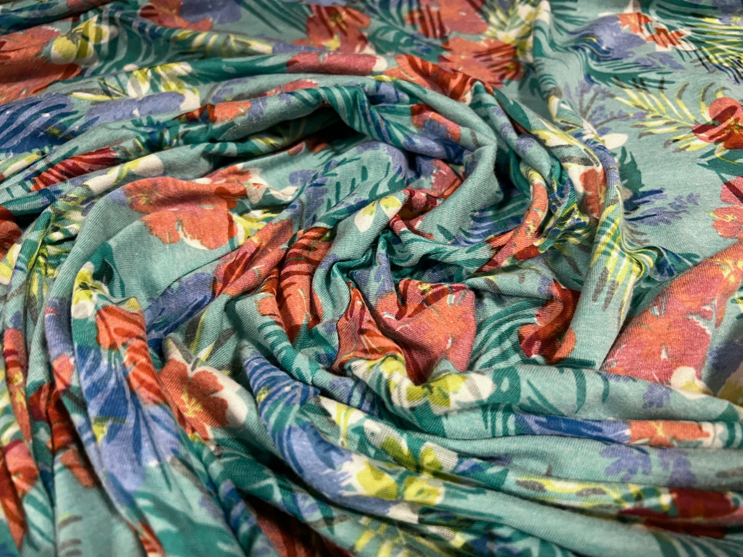 Lady K lightweight burnout single jersey fabric, per metre - jungle leaves print - jade & coral
