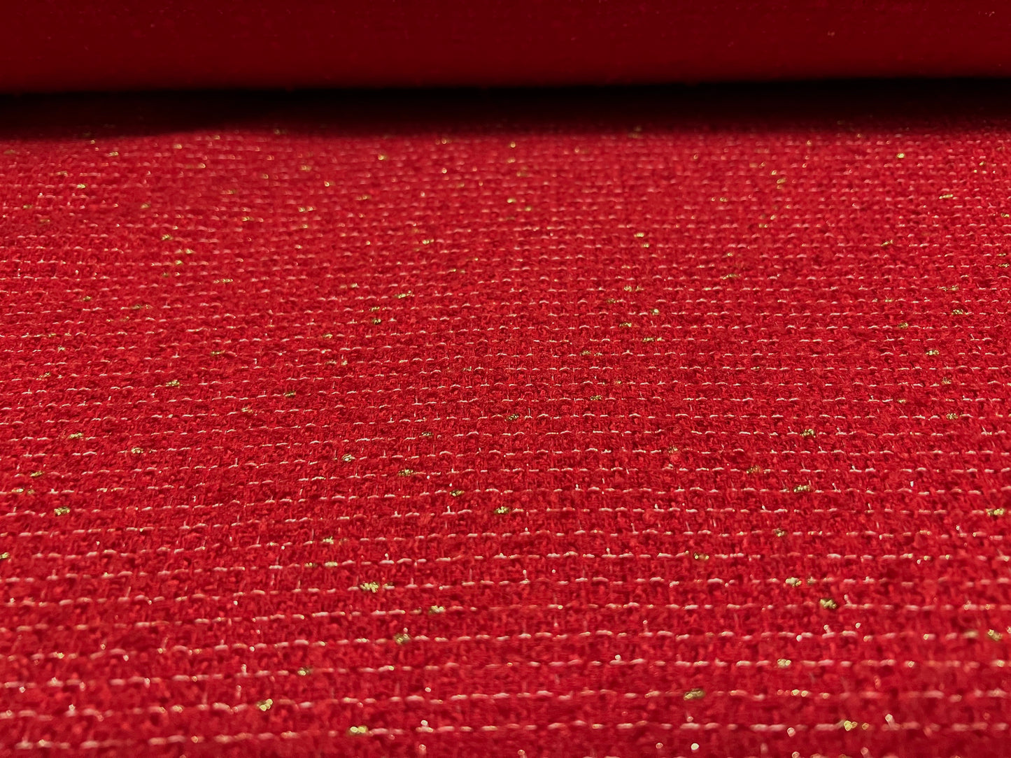 Wool blend bouclé heavyweight fabric with lurex sparkle, per metre - red & gold metallic