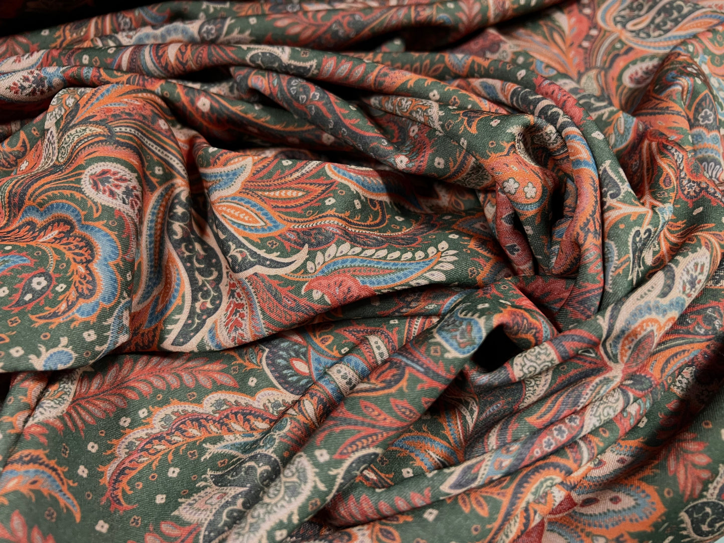 Scuba neoprene style double jersey stretch spandex fabric, per metre - paisley flower print - pink & green