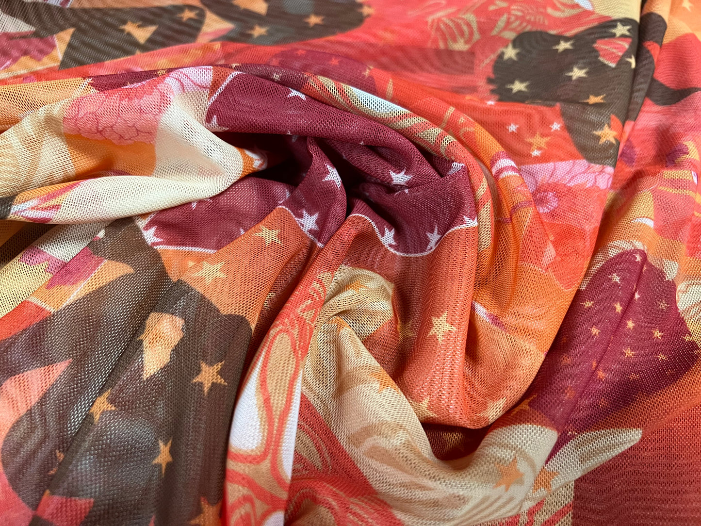 Power mesh net stretch spandex fabric, per metre - love hearts, stars and models print - orange & magenta