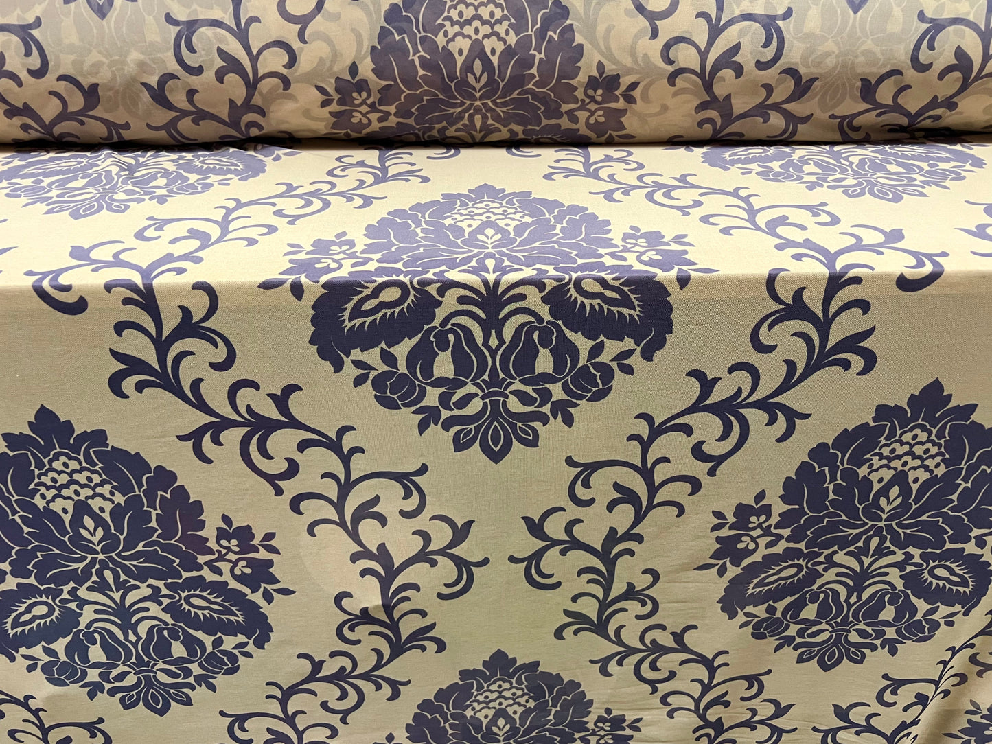 Power mesh net sheer stretch spandex fabric, per metre - damask print - vanilla & grey
