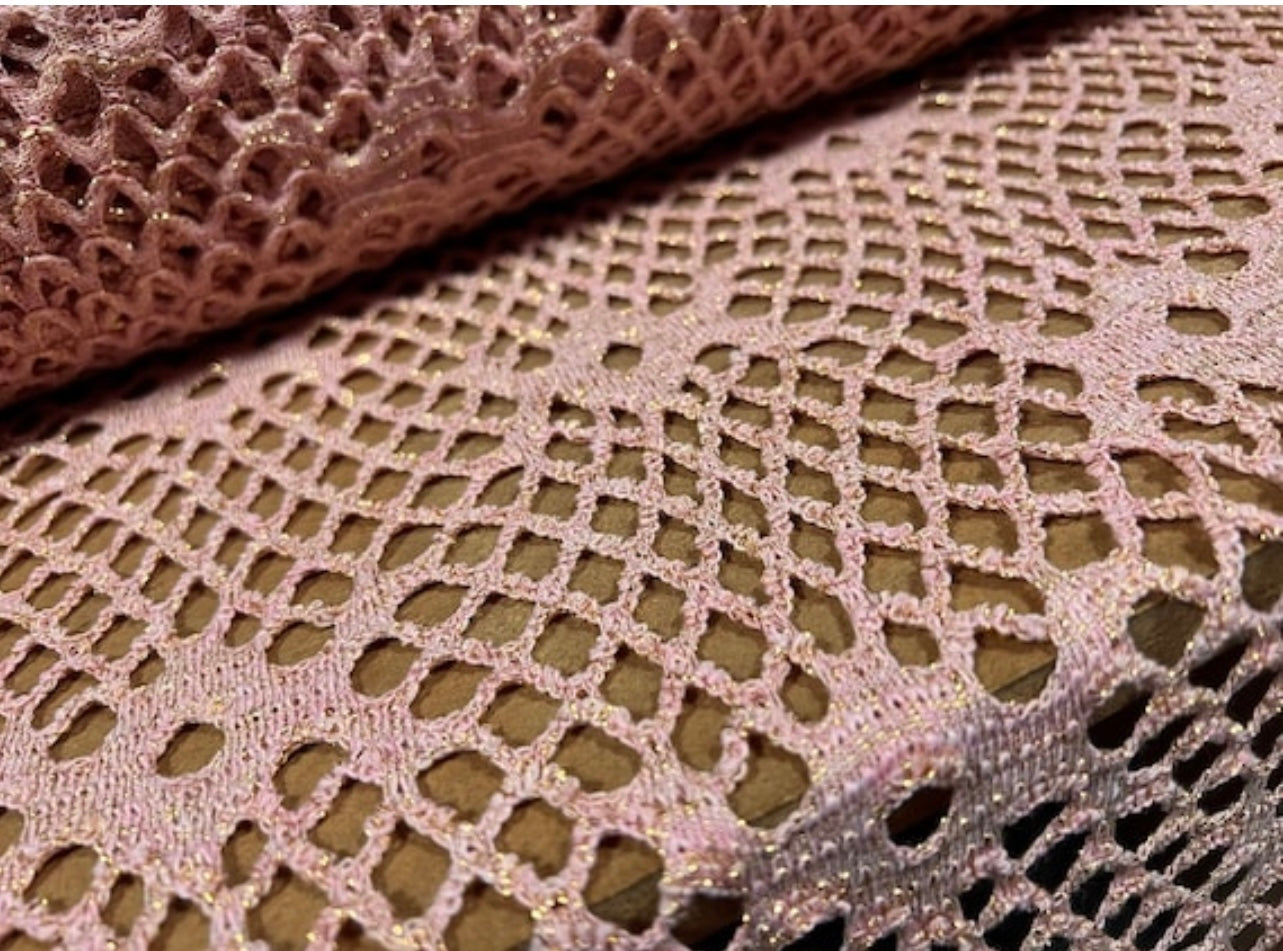 Metallic crochet knitwear jersey fabric, per metre - pink with gold lurex