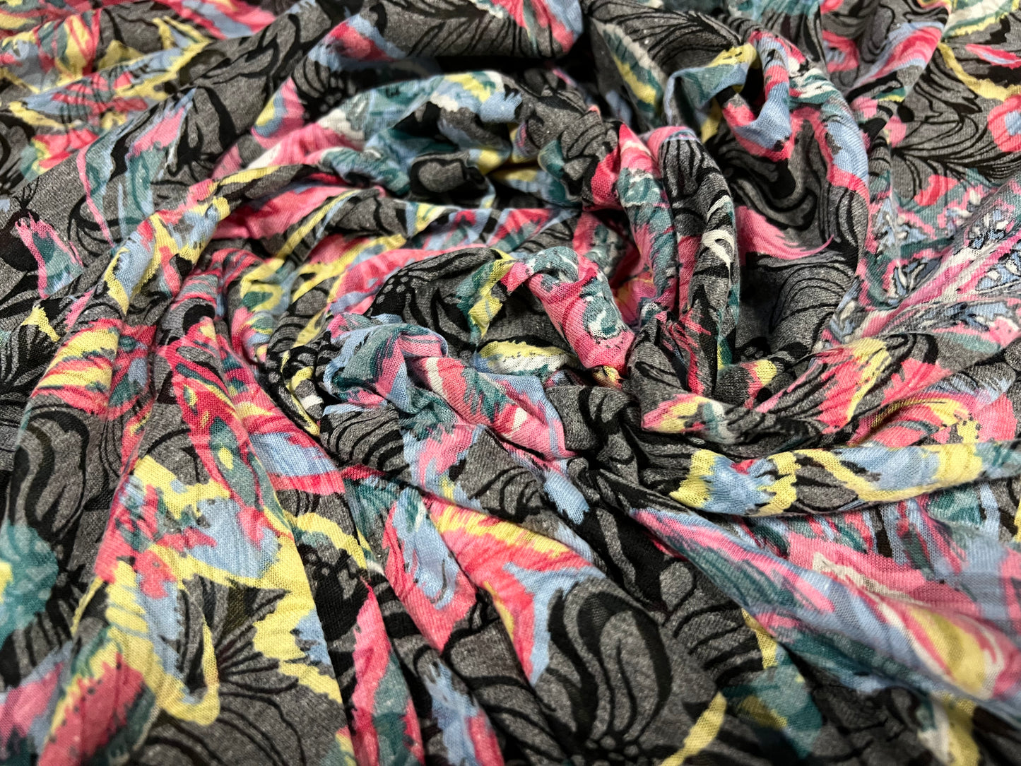 Lady K lightweight burnout single jersey fabric, per metre - tropical flower print - black pink & turquoise