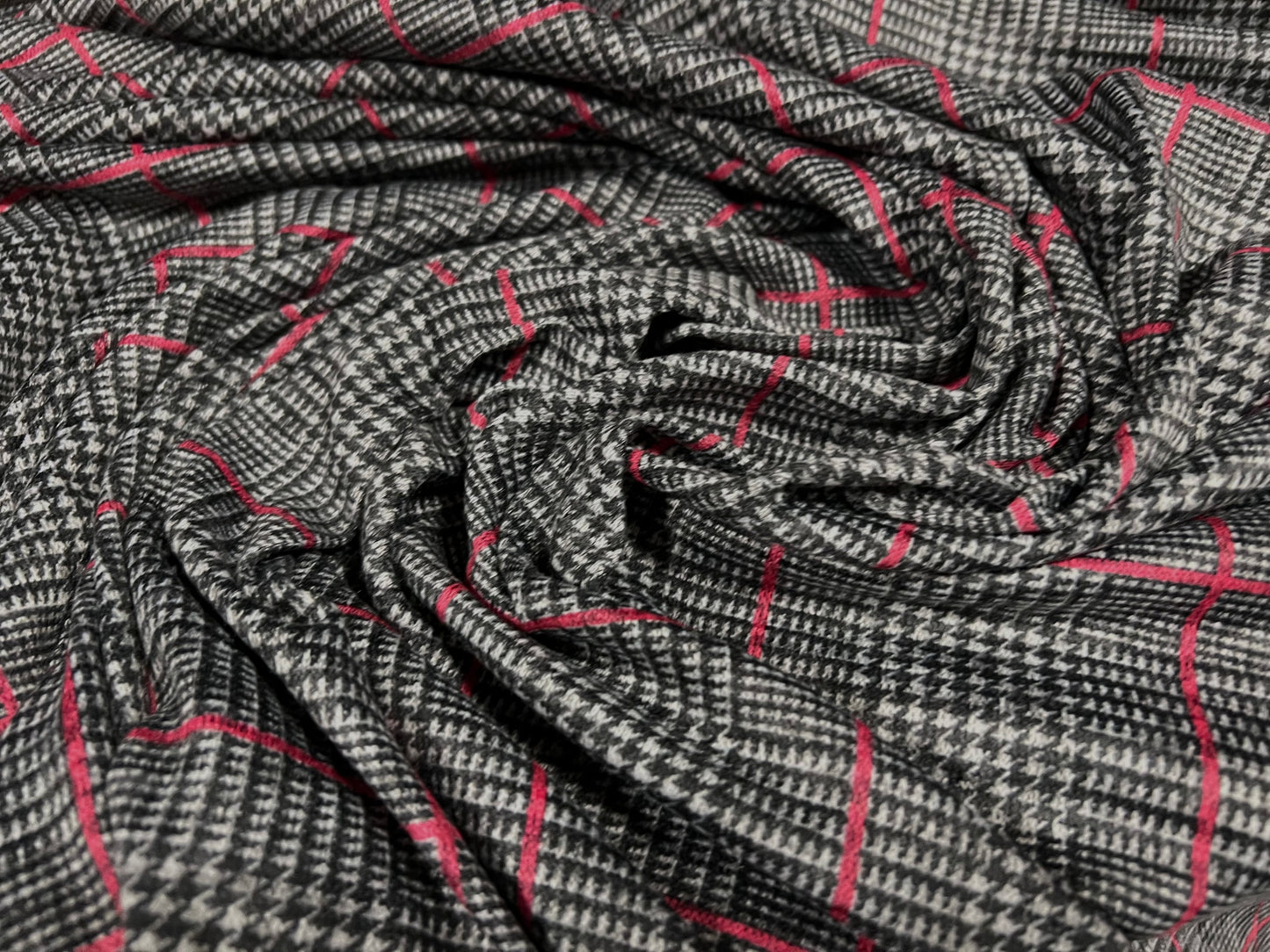 Super soft knitwear jersey fabric, per metre - houndstooth check - grey & red