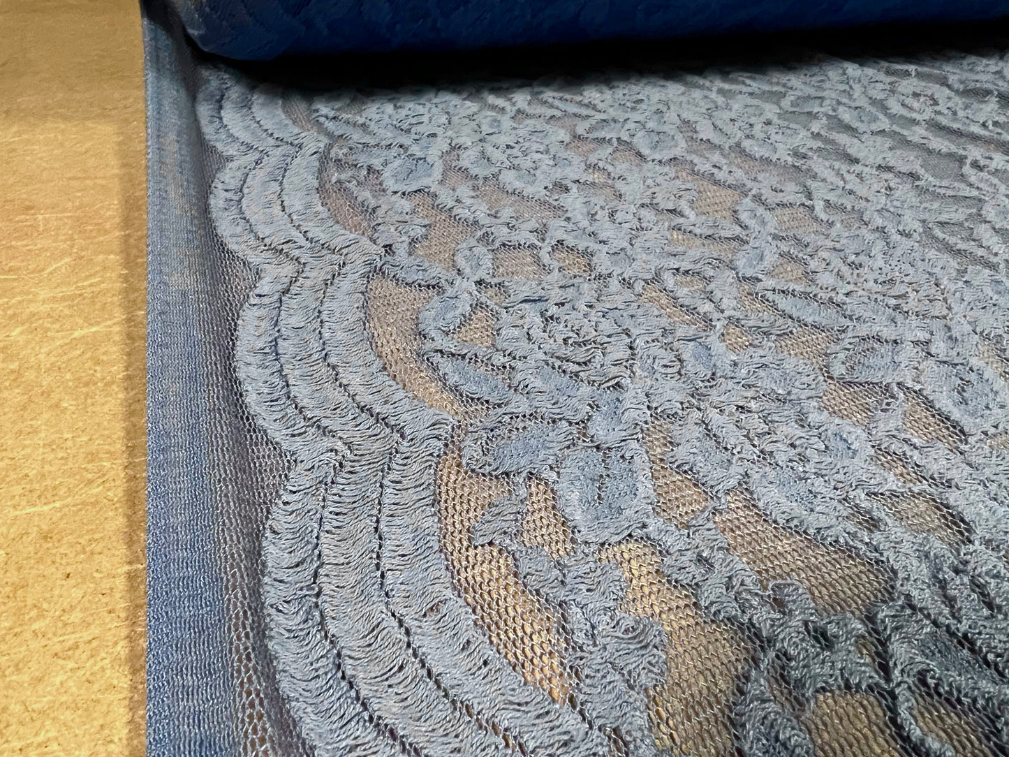 Floral lace fabric with scalloped selvedge, per metre - blue