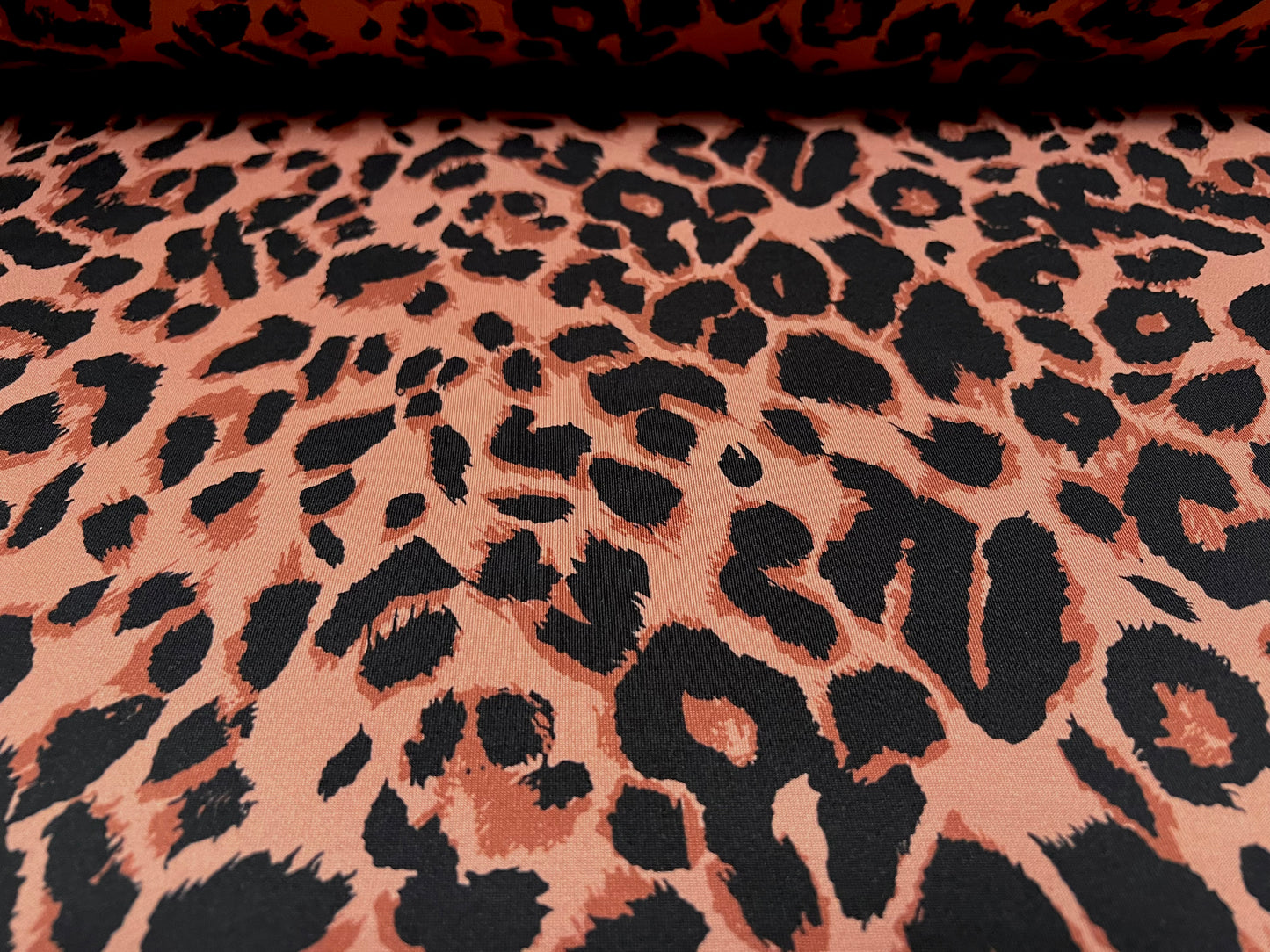 Scuba stretch spandex neoprene style jersey fashion fabric, per metre - leopardskin print - dusky pink & black