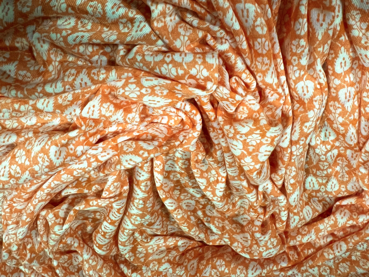 Lady K lightweight burnout single jersey fabric, per metre - damask print - orange & white