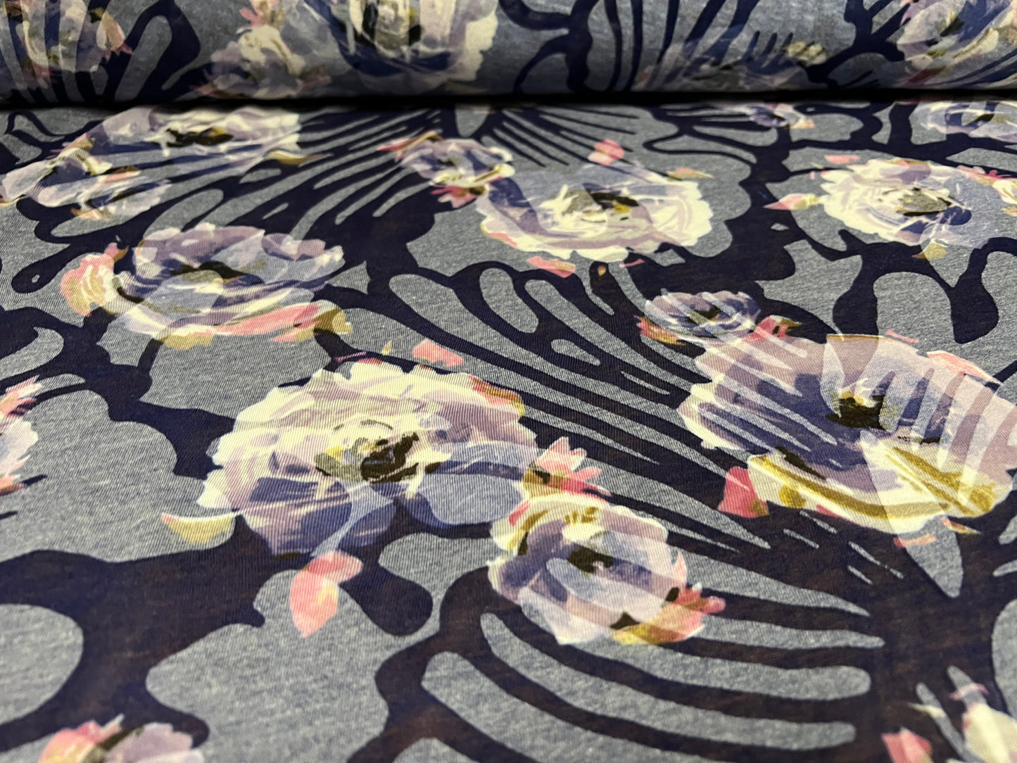 Lady K lightweight burnout single jersey fabric, per metre - rose print - violet