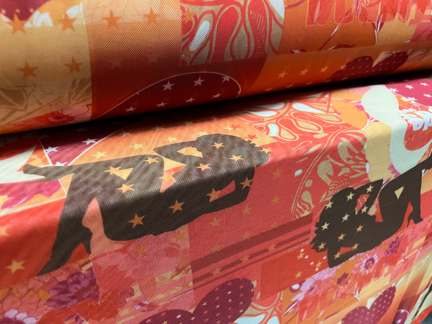 Power mesh net stretch spandex fabric, per metre - love hearts, stars and models print - orange & magenta