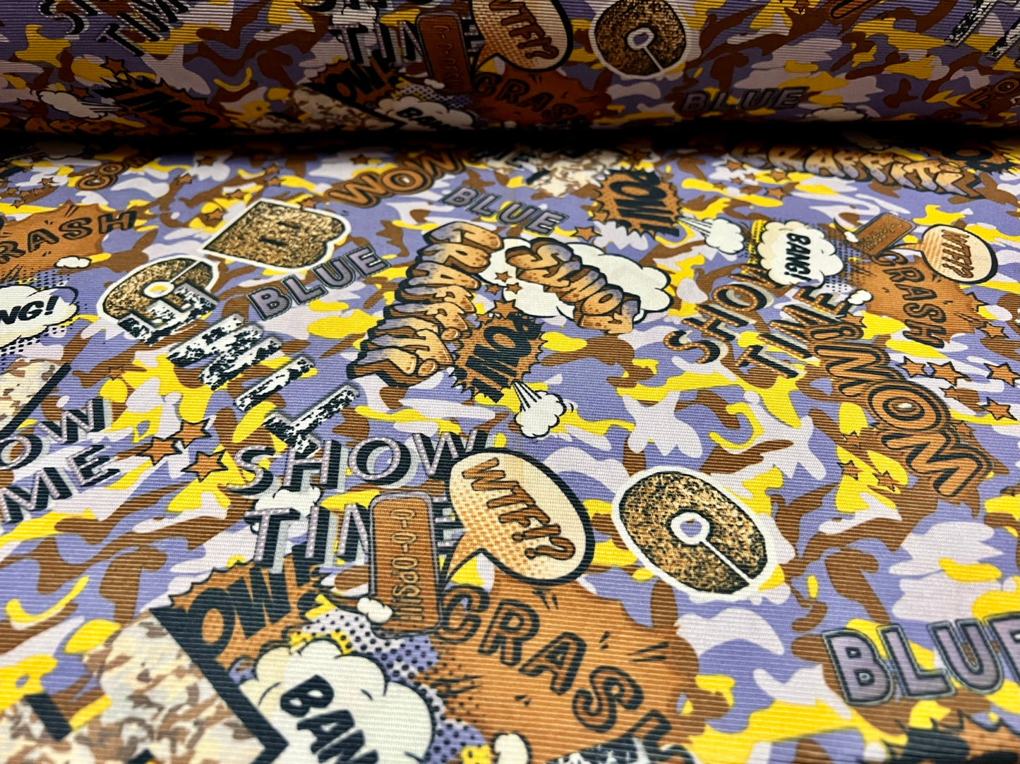 Fine Ottoman rib Stretch spandex jersey fabric , per metre - camouflage graffiti & speech bubbles print