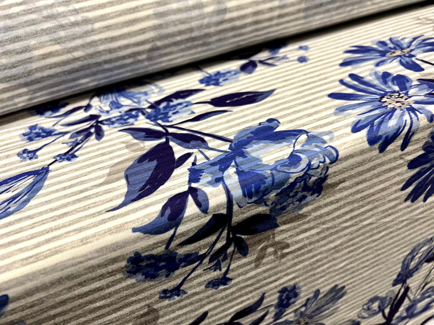 Soft handle single jersey fabric, per metre - floral stripe print - grey & blue