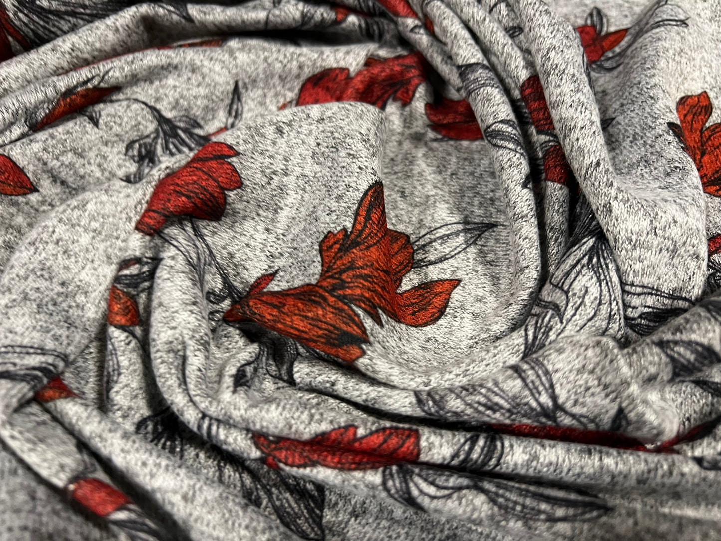 Super soft knitwear jersey fabric, per metre - flower print - grey marl & rust