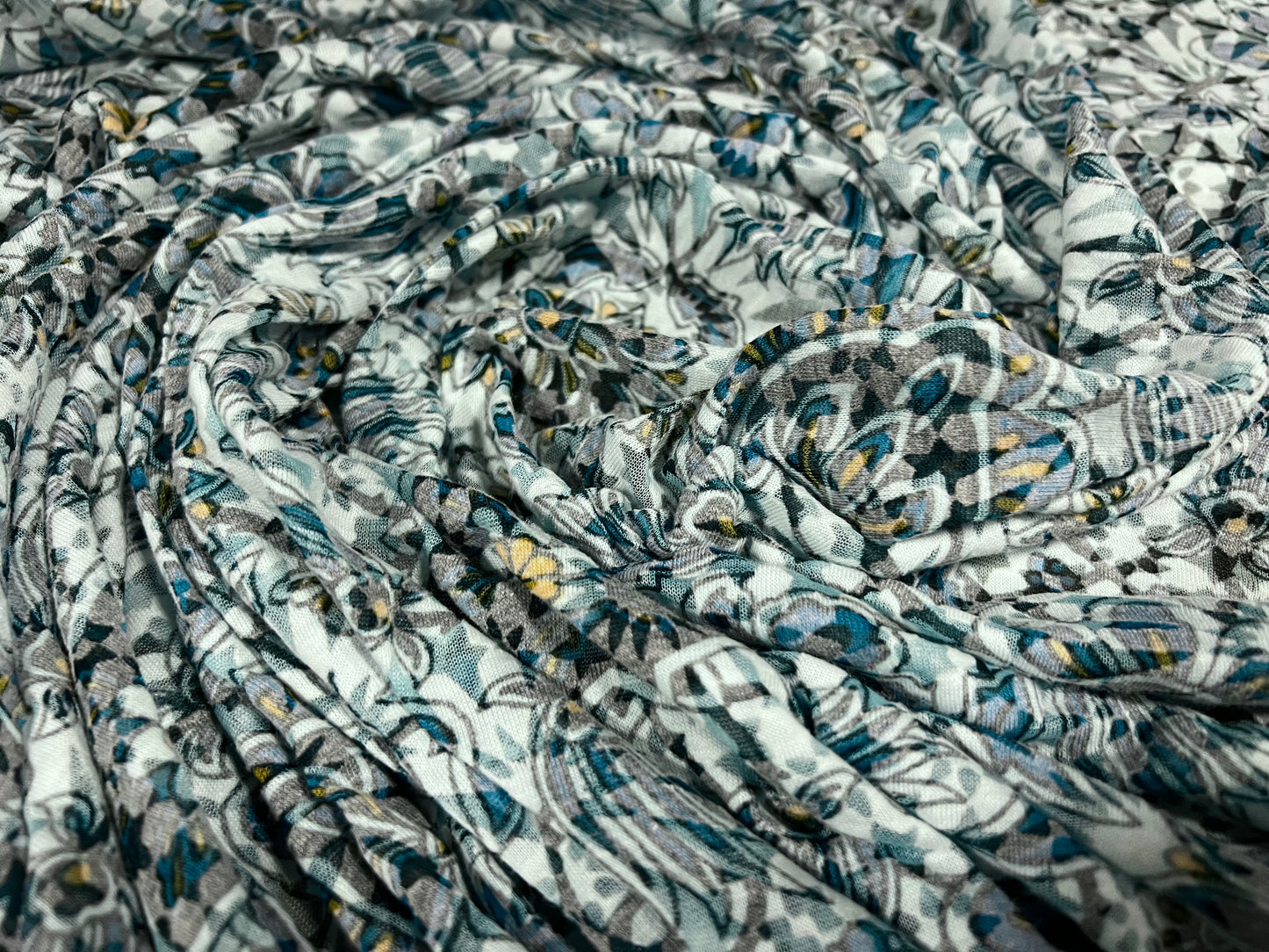 Lady K lightweight burnout single jersey fabric, per metre - stylised daisy flower print - blue