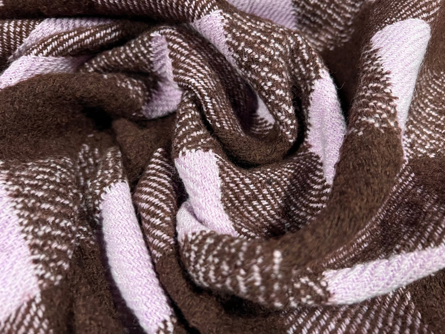 Wool bouclé coat jacket fabric, per metre - check plaid - brown & lilac