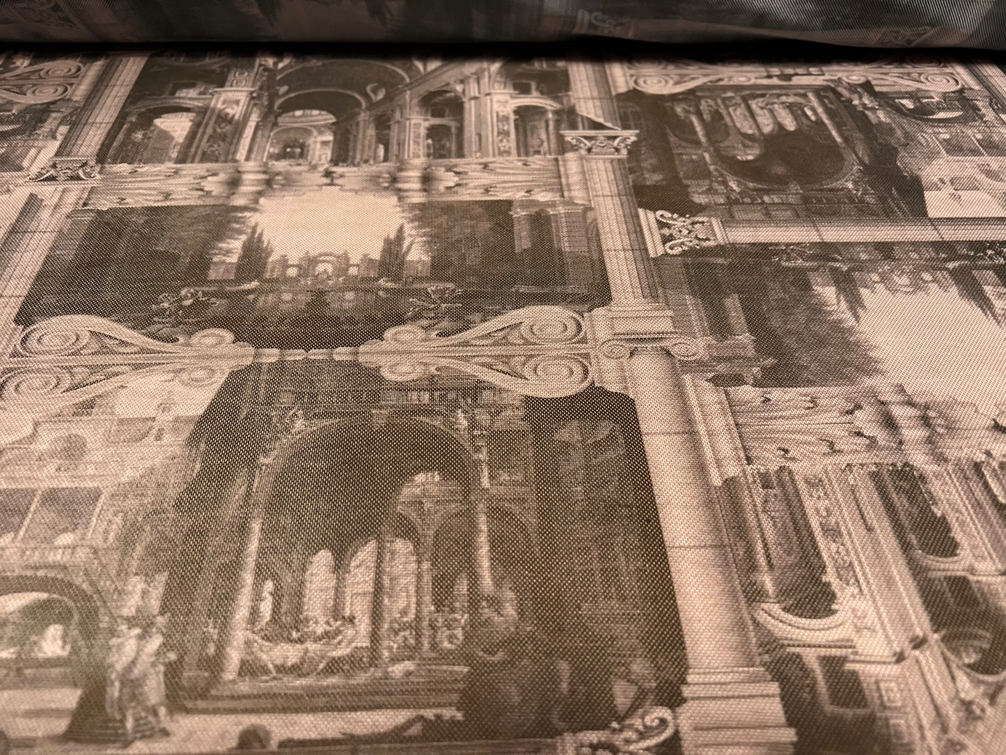 Power mesh net stretch spandex fabric, per metre - baroque buildings & columns print - nude & charcoal